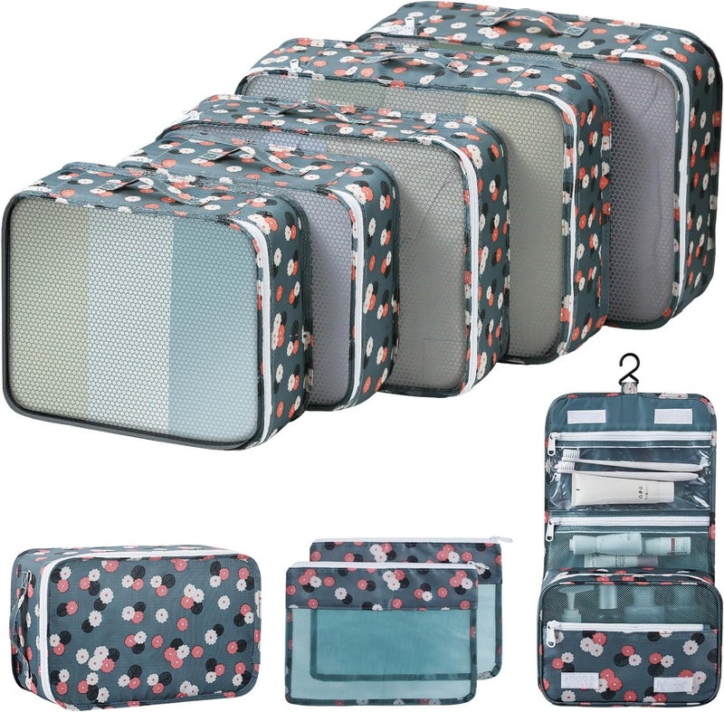Easortm 9 Set Packing Cubes for Carry on Suitcase, Luggage Bags for Travel Packing Organizers Cubes, Luggage Organizer for Travel Accessories.(Blue Flower) - Image 1